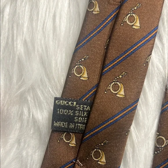Gucci Hunting Horns Brown Patterned Men's Tie 3.5” W Stripe - Picture 7 of 12